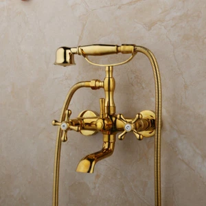 Golden Polished Bathroom Faucet Brass Wall Mounted Handheld Shower Mixer Tap Set - Bild 1 von 15