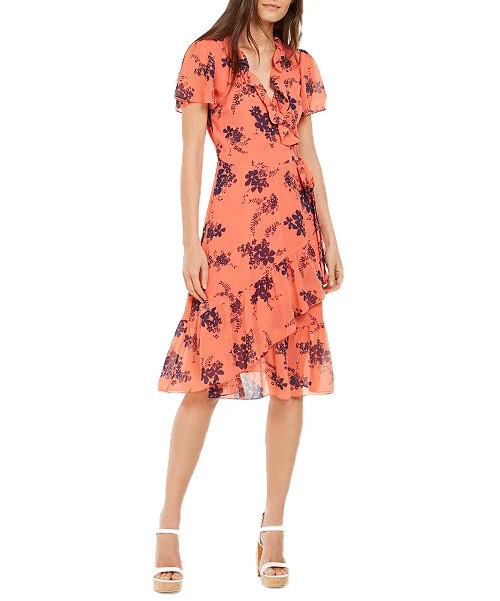 Michael Kors Womens Coral Floral Short Sleeve Knee Length Shift Dress Size XL