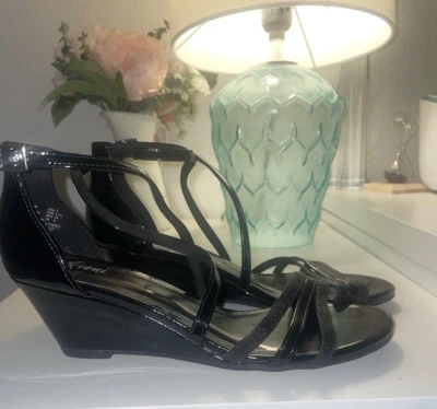 Fioni Black Wedges Heels Sandals Shoes Glitter Sparkle Size 7 - Image 1 of 4