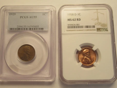 TWO Lincoln Pennies, 1929 PCGS AU55 & 1958 D NGC MS62 RD Cover
