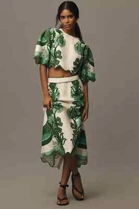 New Anthropologie Farm Rio Color Festival Linen Midi Skirt Green L $185 NWT - Picture 1 of 5