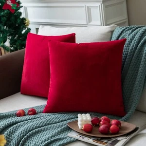 Set of 2 Bright Red Colored Solid Velvet Throw Pillow Covers Cozy Soft Accent... - Picture 1 of 6