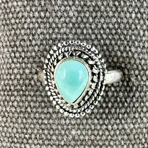 Pectolite - Teardrop Cut  .925 Sterling Silver Ring Size 9 Bezel Turquoise Aztec - Picture 1 of 7