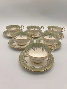 Set Of 6 Aynsley Tea Cup and Saucer Oak Leaf Green Footed Gold Trim - Picture 1 of 15