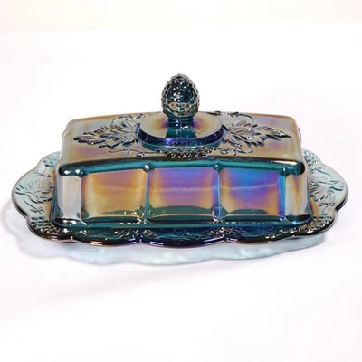 VTG Indiana Glass Iridescent Carnival Blue Covered Butter Dish Lid Harvest Grape - Image 1 of 4