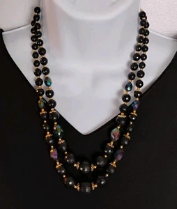 Vintage Perlenkette - irisierende schwarze geformte Perlen & goldfarbene Akzente  - Bild 1 von 5