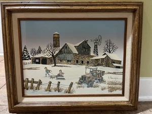 Vtg H. Hargrove Original Painting~Winter Scene~Custom Wood Frame Medium - Picture 1 of 4