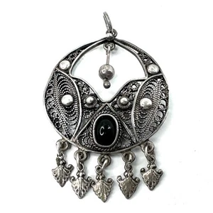 925 Sterling Silver Filigree Pendant W/ Natural Onyx - 59.5mm - Handmade - Picture 1 of 9