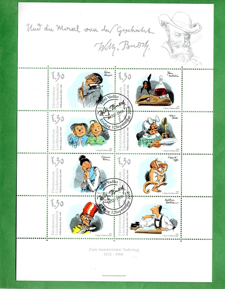 LIECHTENSTEIN 1423 CTO SHEET DRAWINGS BY WILHELM BUSCH [1832-1908] SCV 24.00 - Image 1 of 1