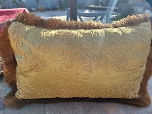 Golden Fringed Sateen Embroidered Accent Pillow 20 X 11 - Picture 1 of 5