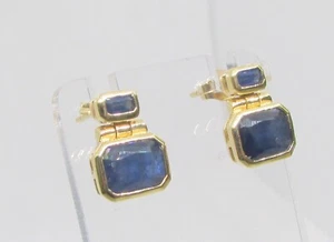 14K YELLOW GOLD GENUINE SAPPHIRE EMERALD CUT DROP EARRINGS 12X9MM - 3.9 G - Picture 1 of 3