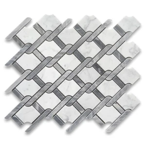C2D7XP Carrara White Marble Princess Weave Gray Rope Mosaic Tile Polished - Picture 1 of 6