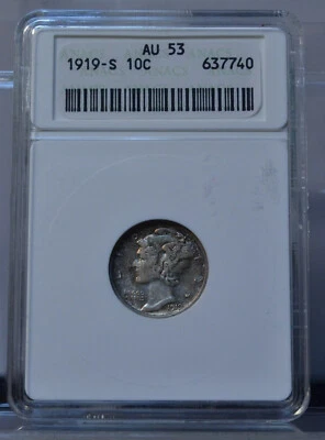 1919-S 10 CENT MERCURY DIME ANACS AU53 UNITED STATES SILVER OLD SOAPBOX HOLDER - Image 1 of 4