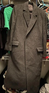 London Fog Mens 42L Long Grey Tweed Herringbone 100% Wool Trench Coat - Picture 1 of 2