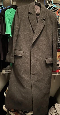 London Fog Mens 44L Long Grey Tweed Herringbone 100% Wool Trench Coat - Image 1 of 4