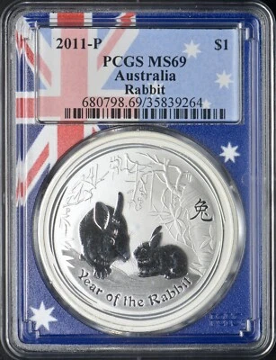 2011-P Australia Year of the Rabbit Silver $1 PCGS MS69 Flag Core ✪COINGIANTS✪ - Image 1 of 2