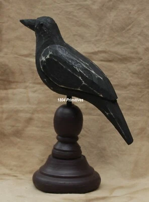 NEW ... Primitive WOOD CROW On Pedestal 8" High ... Rustic Country Farmhouse - Image 1 of 4