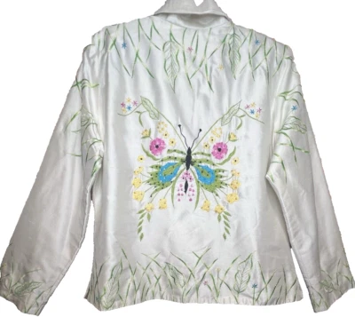 Jaqueta de seda blootique feminina grande borboleta linda branca bordada flores - Imagem 1 de 4