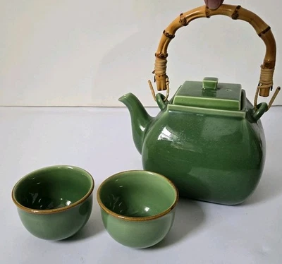Pottery Barn Asian Square Green Teapot w/ Bamboo Handle & 2 Cups Made in Japan - Image 1 of 4