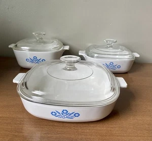 Corning Ware Vintage Cornflower Blue Casserole Dishes Set Of Three With Lids - Picture 1 of 9