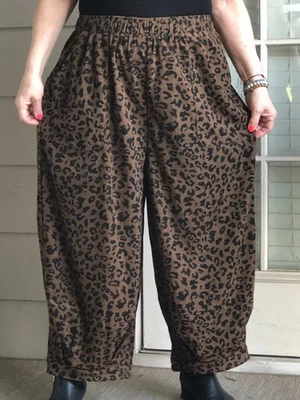 LAGENLOOK ARTSY BOHO  WIDE BUBBLE BROWN CHEETAH CORDUROY PANTS ONE SIZE - Image 1 of 3