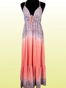 Venus Maxi Dress Paisley Ombre Purple Orange Linen Blend Empire Plunge Boho US 4 - Picture 1 of 12