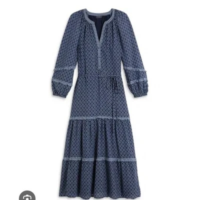 Vineyard Vines Maxi Dress Long Sleeve Tiered Boho Navy Geo Tie Waist Size L $198 - Image 1 of 4