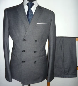 NEXT Grey Fine Check Double Breasted Slim Fit Suit 38 R Jacket Trousers W 32 L33 - Picture 1 of 9