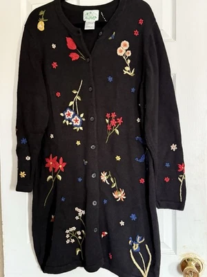 Quaker Factory Womens Long Black Flower Cardigan Sweater Size Large - Image 1 of 4
