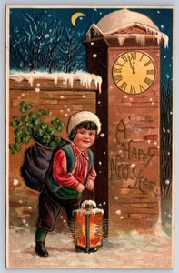 New Year~Boy Outside w/Lantern~Midnight Clock Tower~Quarter Moon~Snow~MAB~1911 - Picture 1 of 2