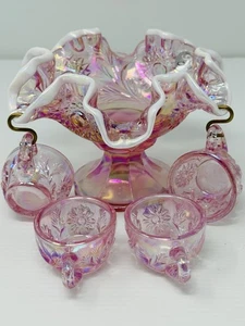 Fenton Rose Pink Iridized Mini Miniature Punch Bowl With Cups Set 6804 Y2K 2000 - Picture 1 of 22