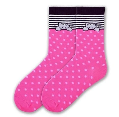 Novo Sapato Feminino K. Bell 1 Par de Meias Crew 4-10 PEEK A BOO CAT Pontilhado Rosa - Imagem 1 de 2