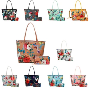 New Womens 2in1 Flower Patterned Tote Handbag Shoulder Bag With Marching Purse - Picture 1 of 13