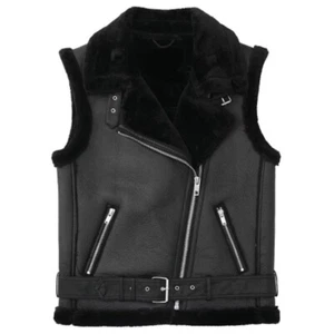 Men's Black Real Fur Vest Sleeveless Genuine Sheepskin Leather Jacket Coat - Picture 1 of 5