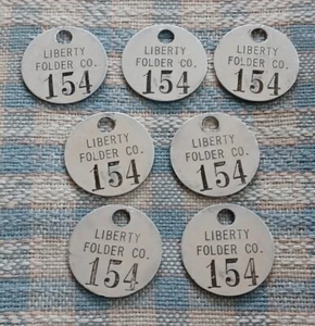 LIBERTY FOLDER CO COMPANY Newspaper Folding machinery 8 METAL TOOL TAG LOT Old!! - Picture 1 of 1