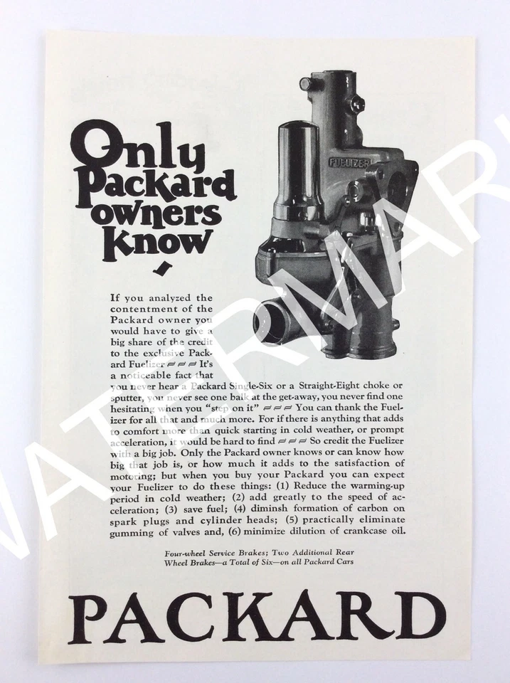 Carburador Packard Fuelizer 1924 automático publicidad impresa en blanco y negro 150A Foto 1 de 1