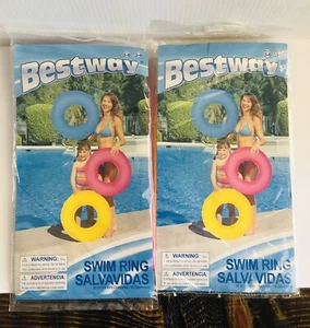 Lote de 2 anillos de tubo de natación inflables de plástico Bestway 20 pulgadas 2 tubos rosa y amarillo - Imagen 1 de 3