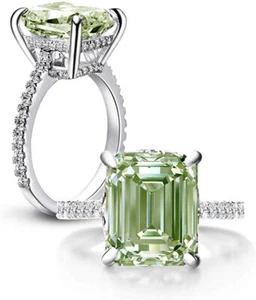 5.18ct VVS1 OFF WHITE GREEN EMERALD MOISSANITE DIAMOND 925 SILVER RING - Picture 1 of 1