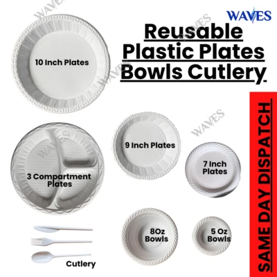 Party Tableware Set Reusable Plastic Plates, Bowls & Cutlery Disposable Catering - Image 1 of 4