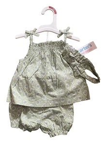 Baby Girls Carter's Green Fern Plant 3pc Outfit Tank Top Bloomers Shorts Bow 6 m - Picture 1 of 3