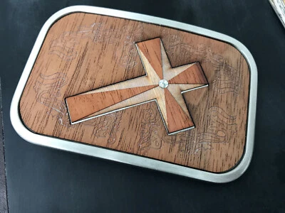 cross themed triple wood veneer rectanglar belt buckle - Image 1 of 4