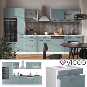 Küchenzeile R-Line Solid Weiß Blau Grau 350 cm modern Küchenschränke Vicco - Bild 1 von 8