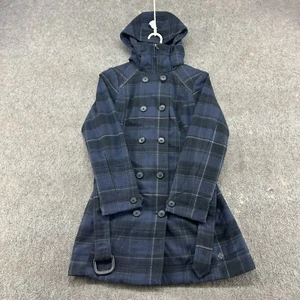 Columbia Jacket Womens XS Blue Black Pea Coat Hooded Omni Heat Belted Plaid - Picture 1 of 13