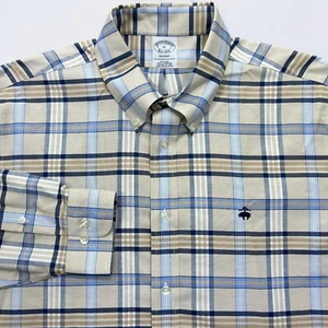 Brooks Brothers Shirt Mens XL Beige Regent Plaid Oxford Button Down Long Sleeve - Imagen 1 de 8