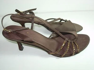 WOMENS BROWN SATIN RHINESTONE SLINGBACK BRIDAL SANDALS HEELS SHOES SIZE 9 M - Picture 1 of 5