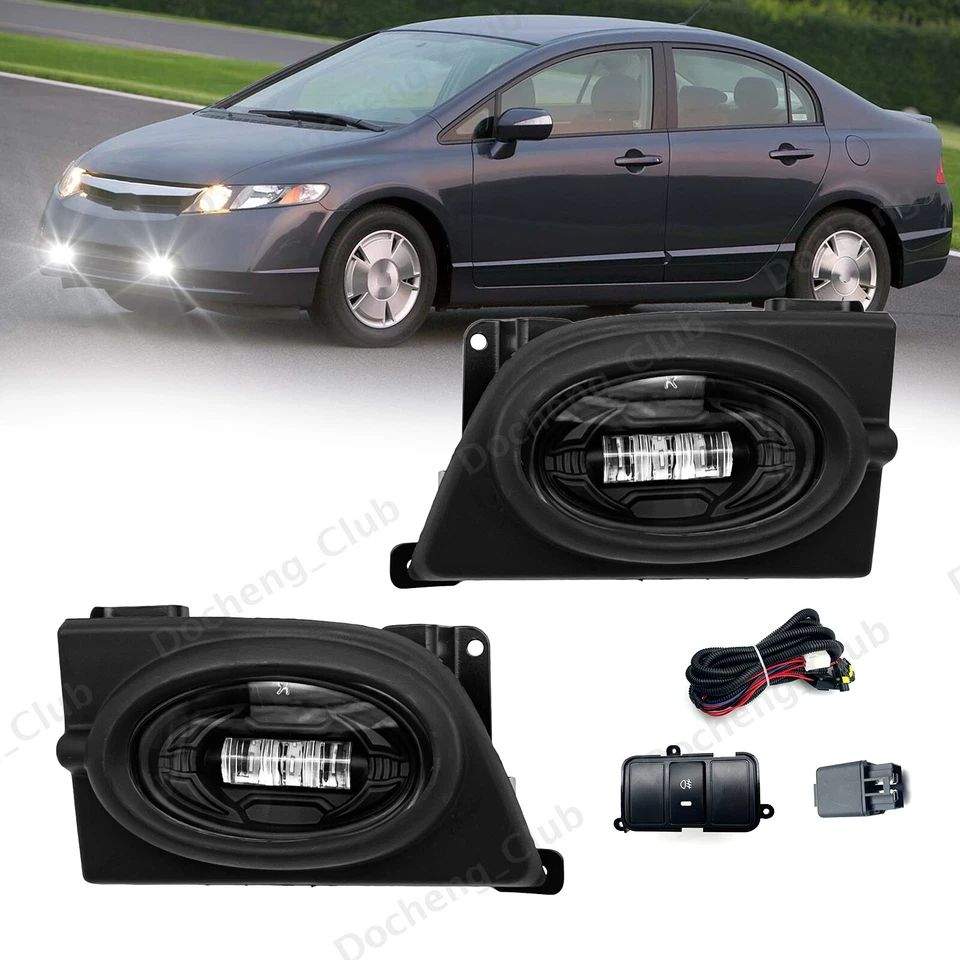 For 2006-2008 Honda Civic Sedan LED Fog Lights Front Bumper Lamps+Wiring - Изображение 1 из 4