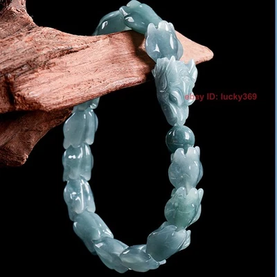Brazalete Brazalete Suerte Dragón Tallado Jade Jade Agua Azul Grado A Certificado 7.5" Foto 1 de 4