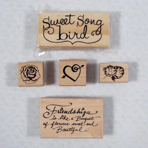 Holzmontierte Gummistempel 5 Singvogel Freundschaft Katze Herz Blume EUC - Bild 1 von 3