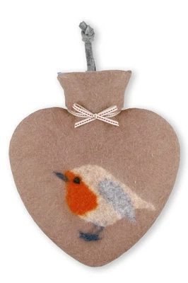 DOROTHEE LEHNEN Wärmflasche Rotkehlchen blind date weiß grün Merinowolle handgefilzt Herz 0,7l