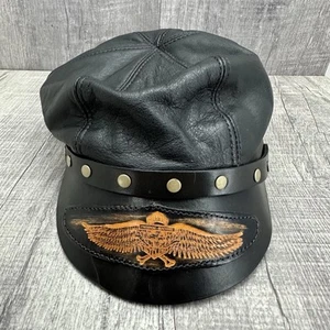 Harley Davidson seltene Vintage Leder Mütze Motorrad Biker Kapitän Cap Nieten - Bild 1 von 11